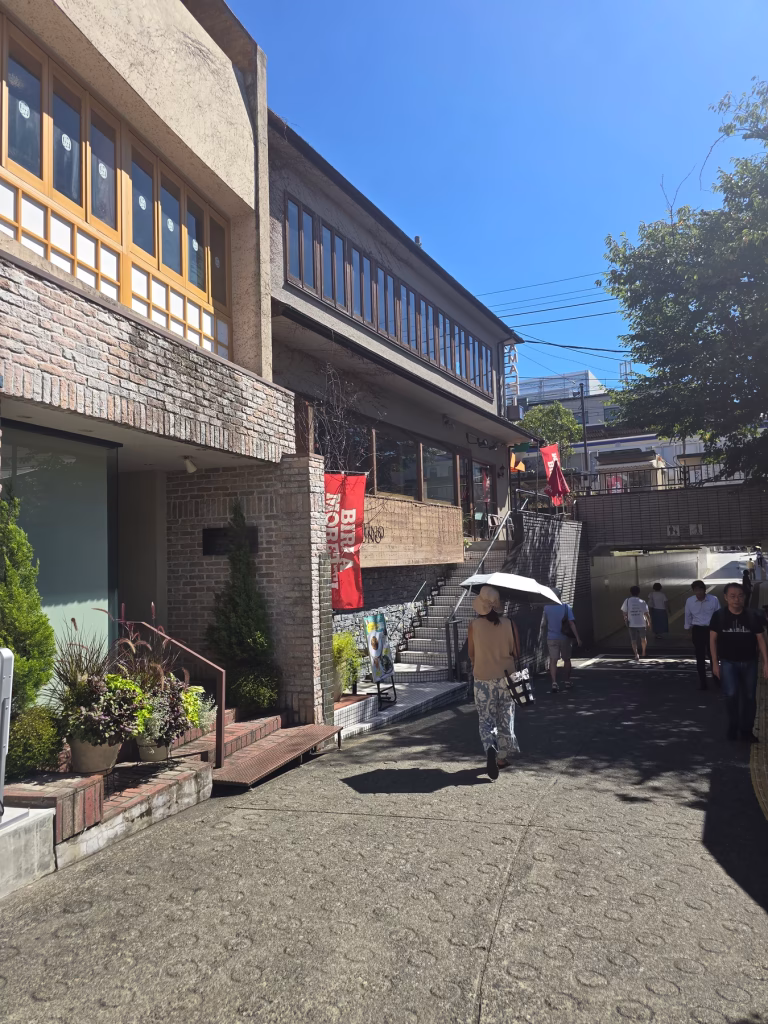 Street view near Kamakura Station with shops and pedestrian