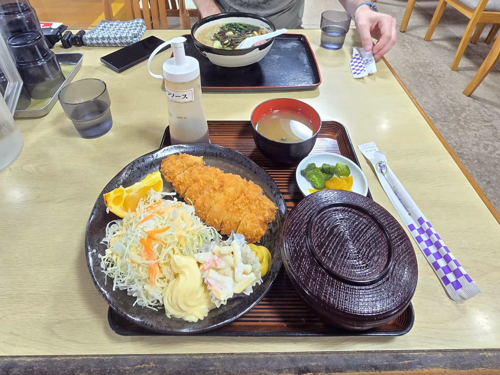 Bowl of udon noodles with broth and greens and pork cutlet set at a small local restaurant in Hakone