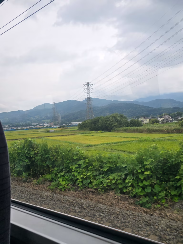 View from Romancecar train window of countryside between Tokyo and Hakone